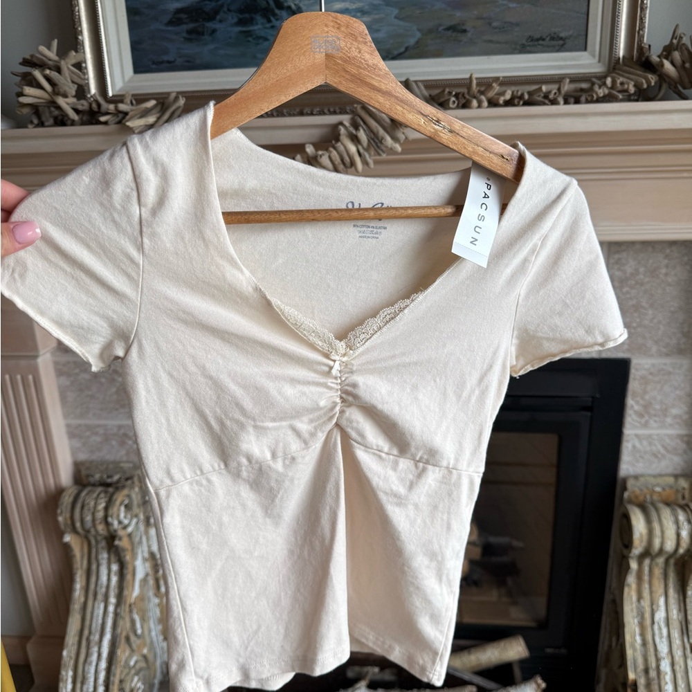 Brandy Melville Cream Fitted Ruched Blouse